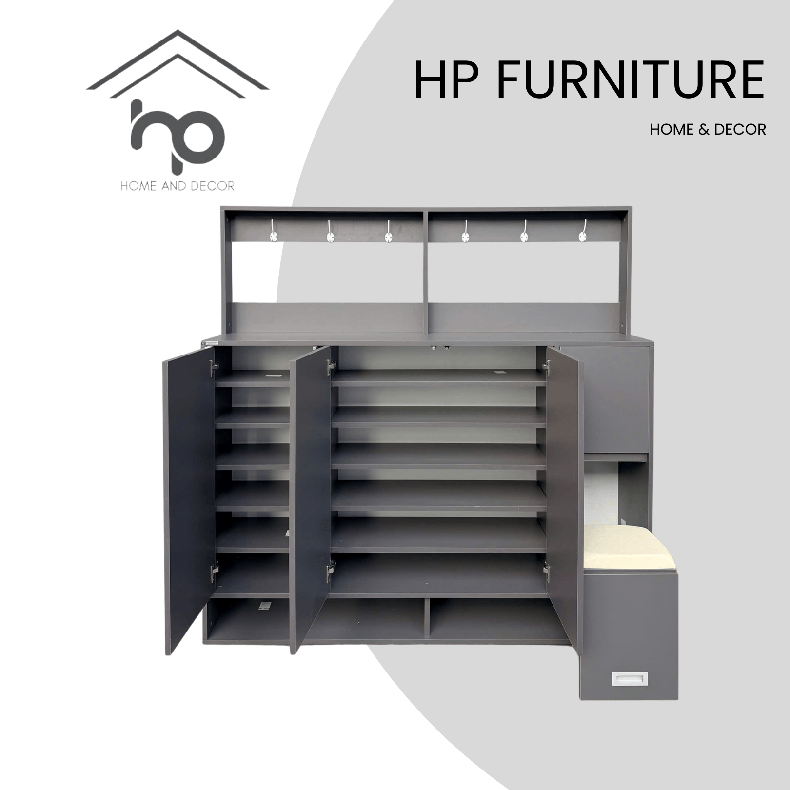 Tủ giày gỗ MDF chống ẩm màu xám chì 1m6 TG53 – thiết kế hiện đại có khung treo tiện lợi