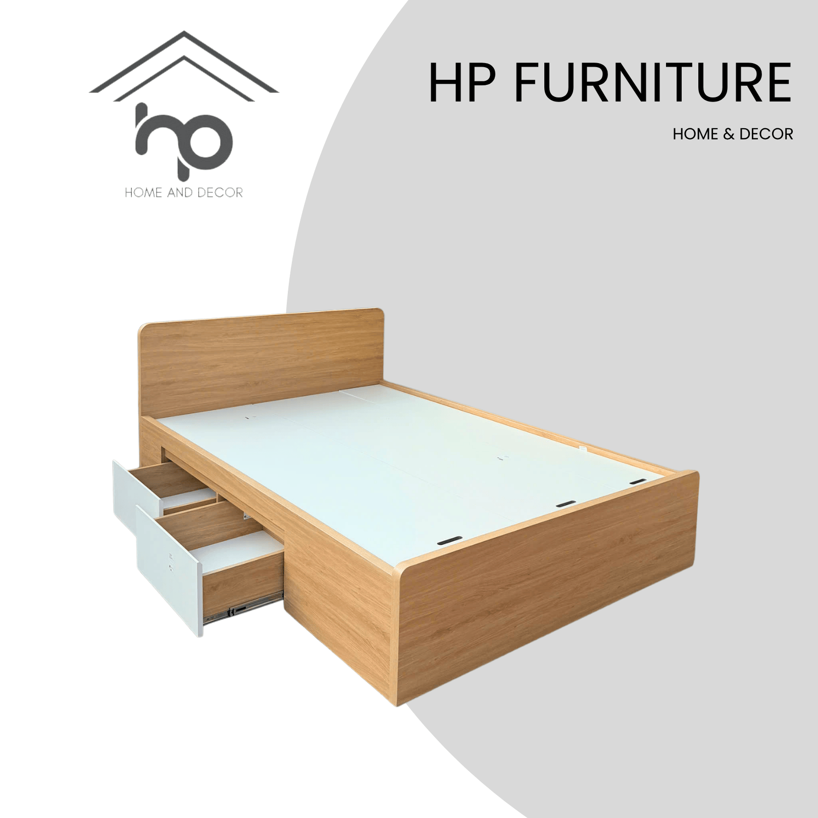 Giường ngủ 1m4 MDF chống ẩm màu sồi phối trắng – 2 ngăn kéo tiện dụng, thiết kế hiện đại