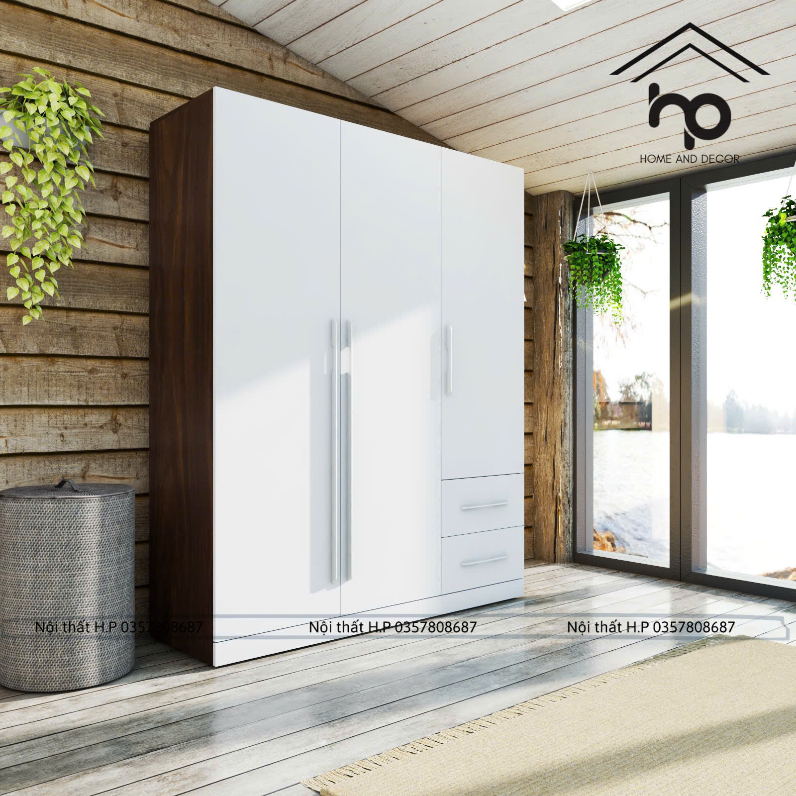 Tủ Áo MDF Chống Ẩm Nâu Vân Gỗ Phối Cánh Trắng 1m4 x 2m – Tủ Quần Áo 3 Cánh Hiện Đại -TA06