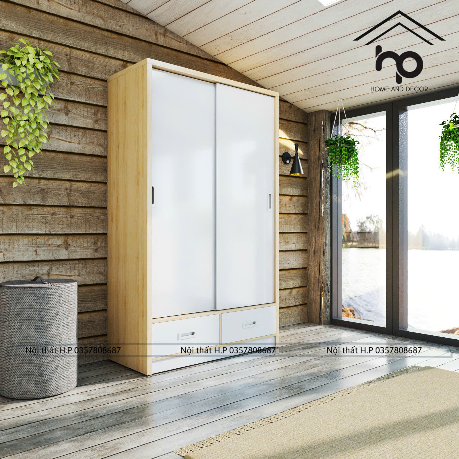 Tủ Áo Cánh Lùa MDF Chống Ẩm Màu Sồi Trắng 1m2 x 2m – Tủ Quần Áo Cửa Trượt Hiện Đại TA04