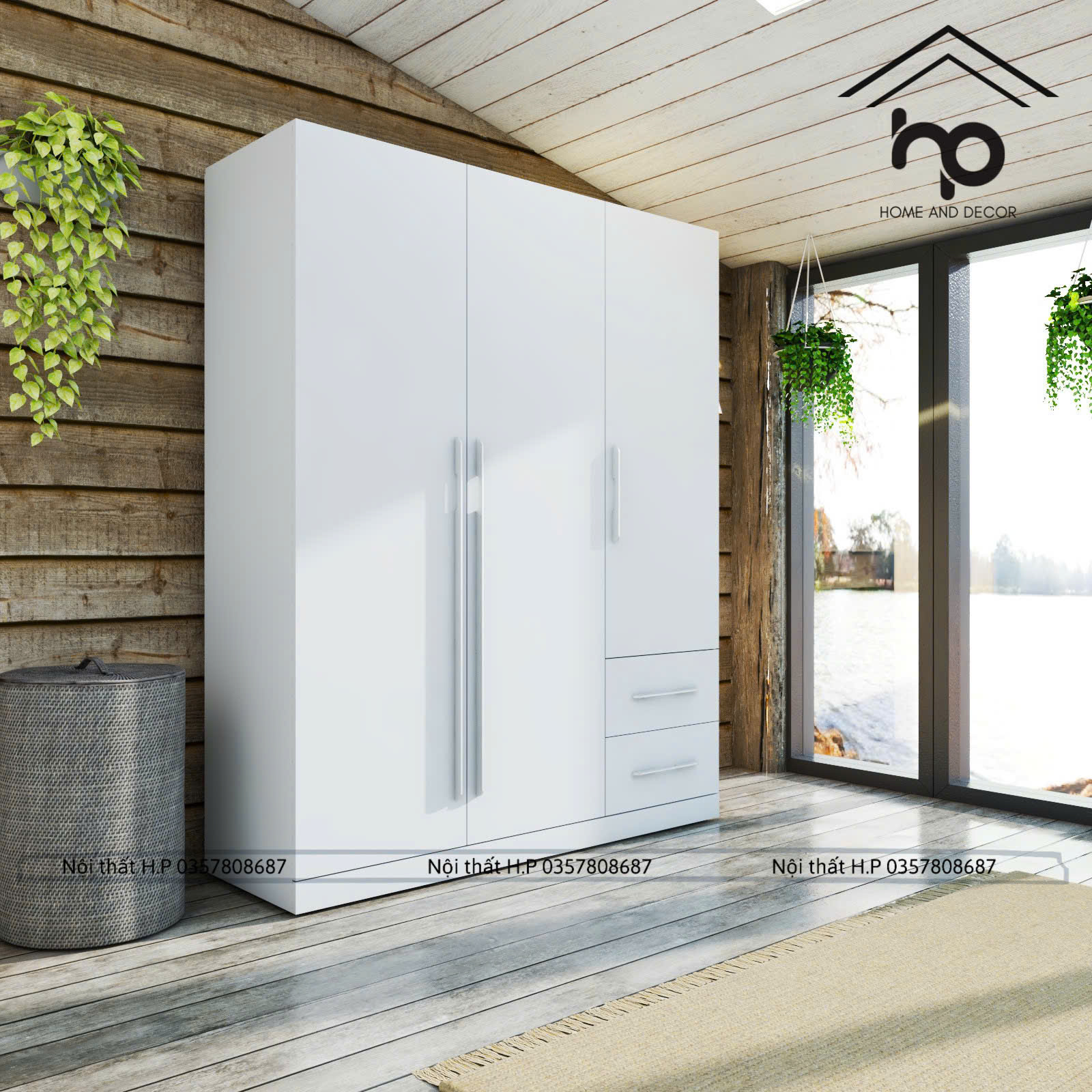 Tủ Quần Áo MDF Chống Ẩm 1m6 x 2m Màu Trắng Hiện Đại – Tủ Áo 3 Cánh Có Ngăn Kéo TA05