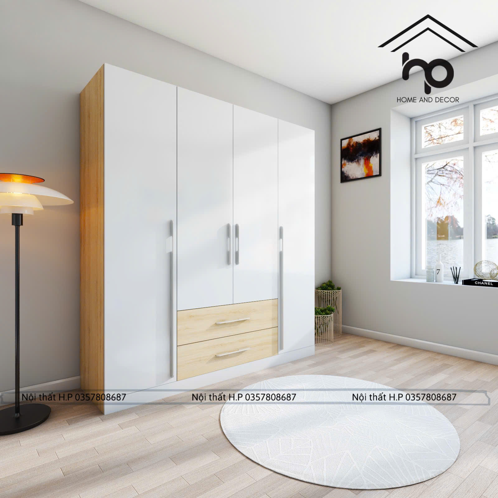 Tủ Áo Cánh Mở MDF Chống Ẩm 2m x 2m Phối Sồi Trắng – Tủ Quần Áo 4 Cánh Hiện Đại TA08