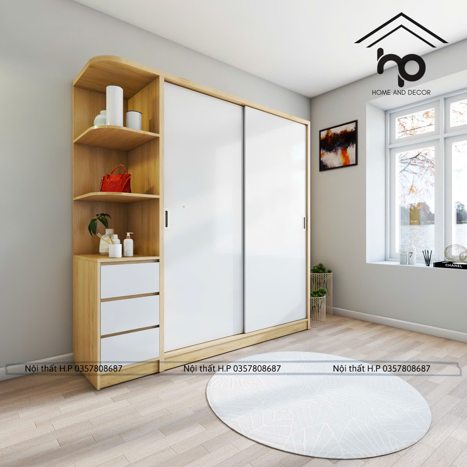 Tủ Áo Cánh Lùa MDF Chống Ẩm 2m x 2m Phối Sồi Trắng Kèm Kệ Trang Trí – Tủ Quần Áo Hiện Đại TA07