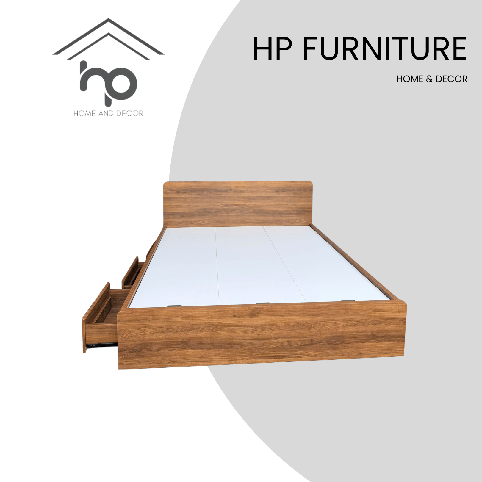 Giường ngủ MDF 1m8x2m màu nâu vân gỗ – Thiết kế bo cong hiện đại, có 3 ngăn kéo G25